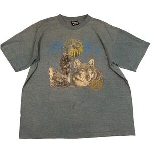 Vintage Distressed Mens Alaska Wolf Native American Graphic T Shirt Blue Size XL